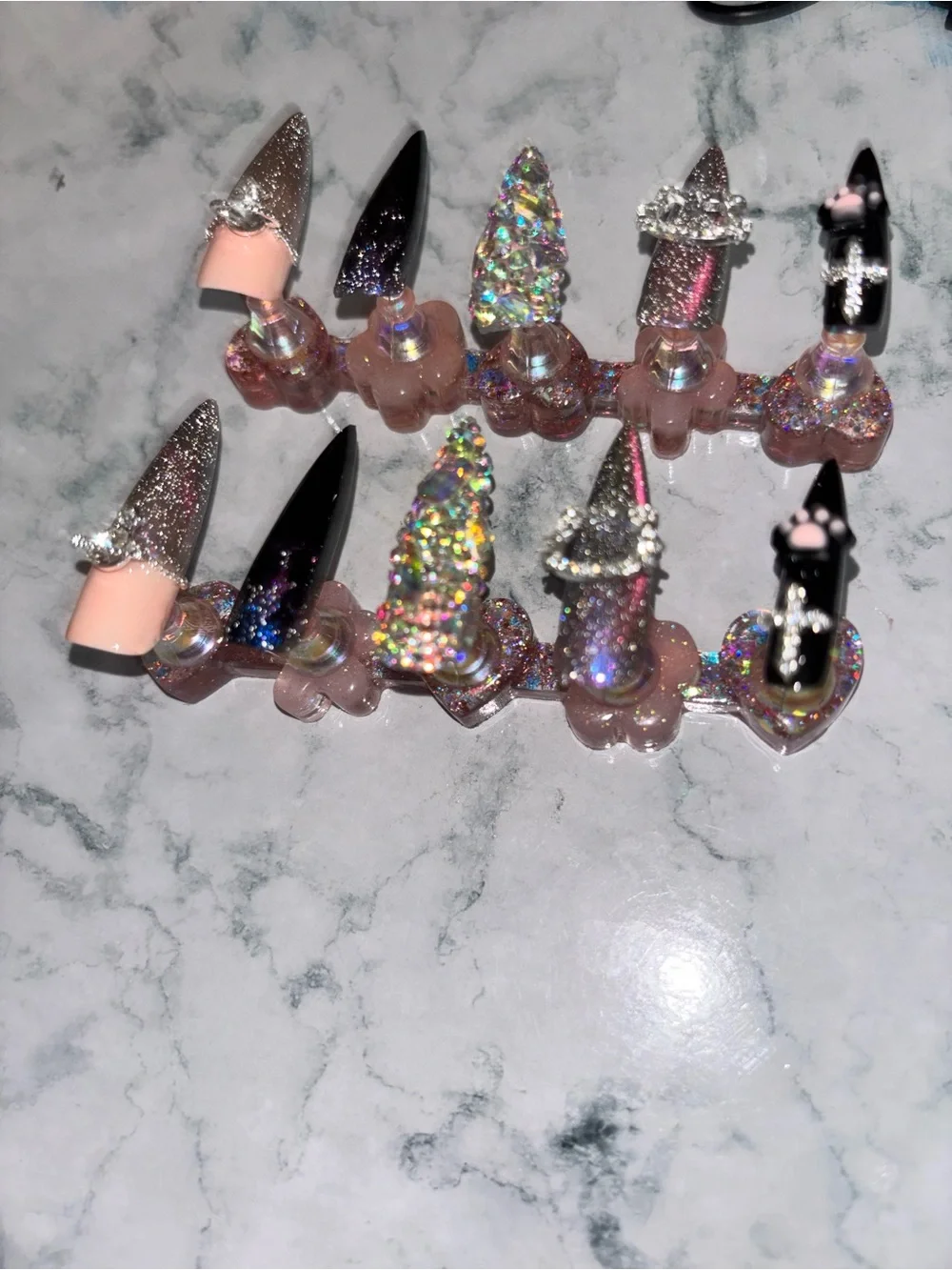 Stylish Women's Press-On Nail Set in Pink, Black & Holographic - Unbranded